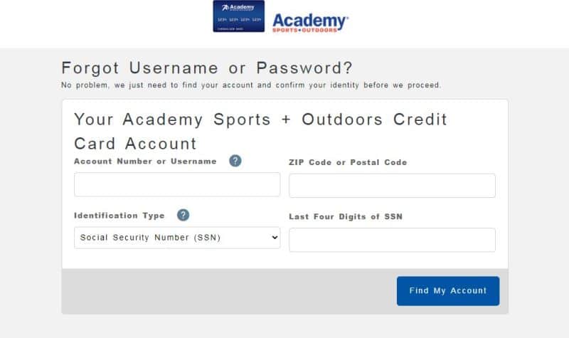 academy van credit card forgot password 2