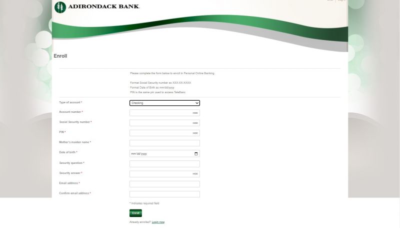 Adirondack bank Enrollment